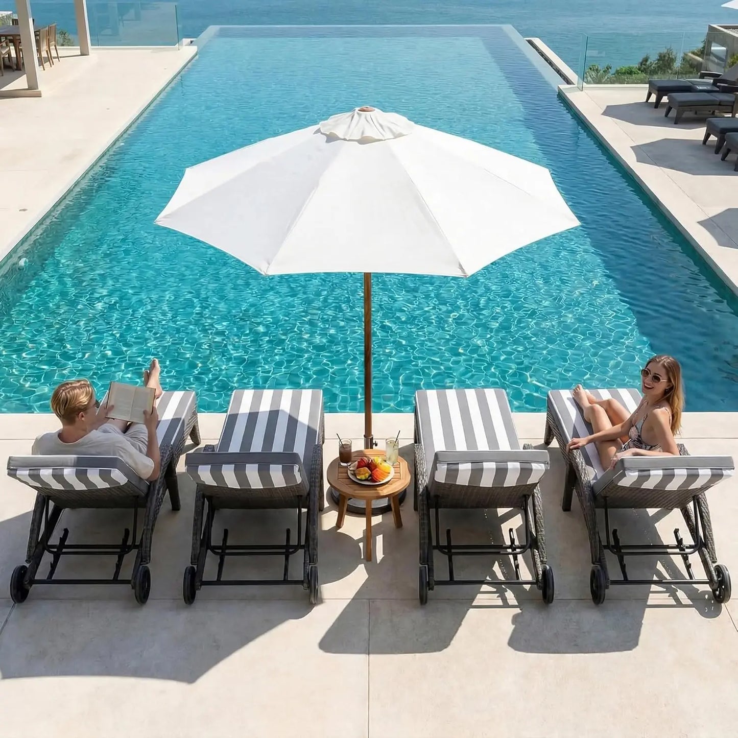 Two 5-Position Adjustable Upholstered Chaise Lounges Outdoor Wicker Set