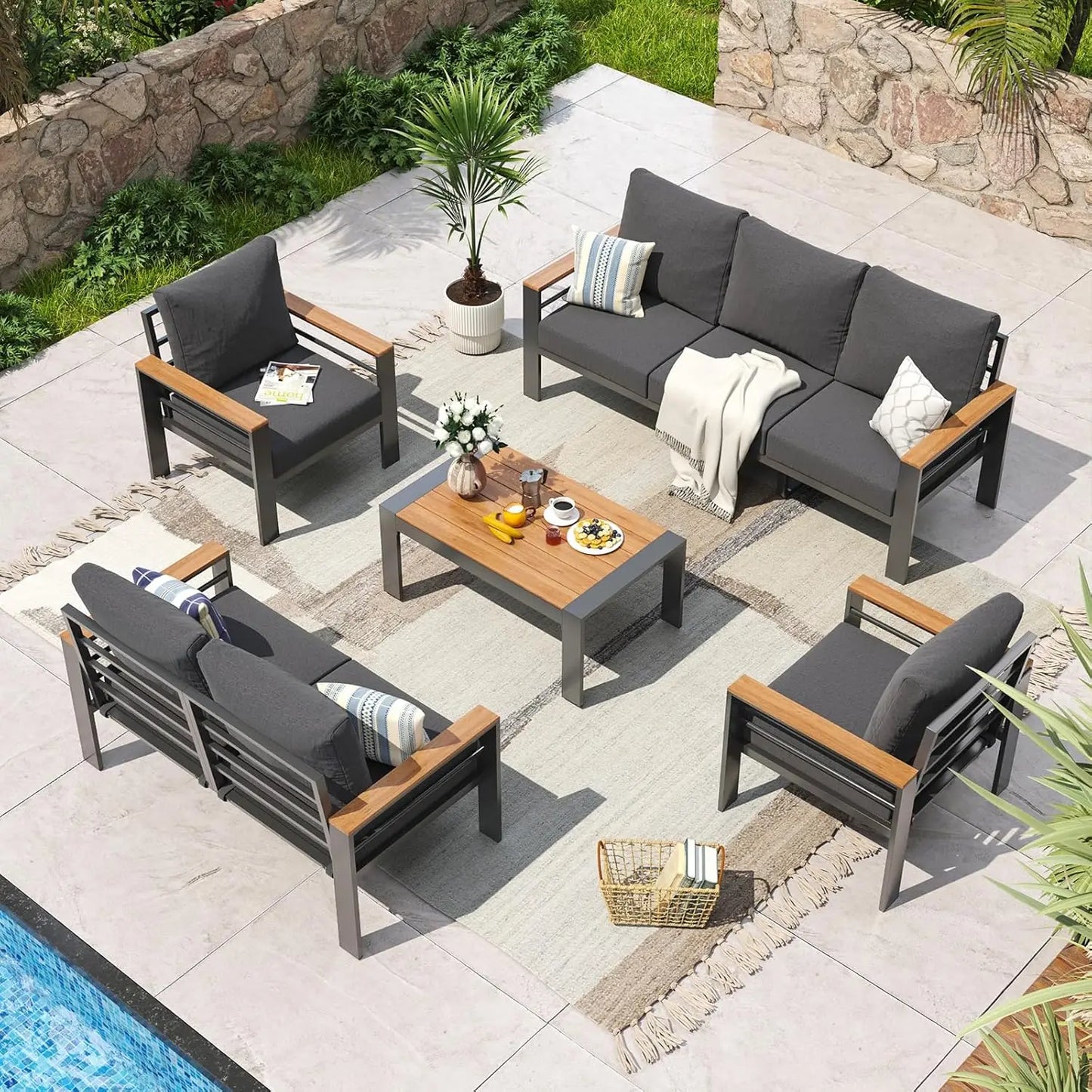 Aluminum Patio Outdoor Furniture Set With Cushions Coffee Table