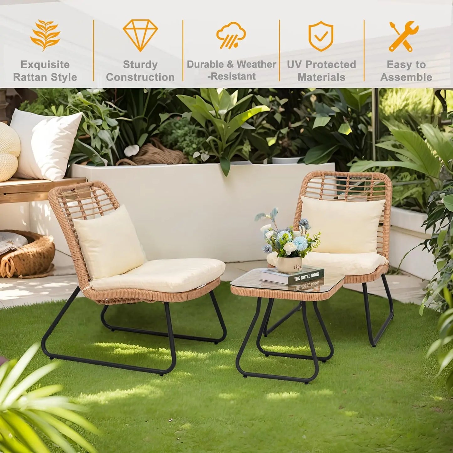 Outdoor Rattan Bistro Set 3-Piece Cushioned Conversation Set