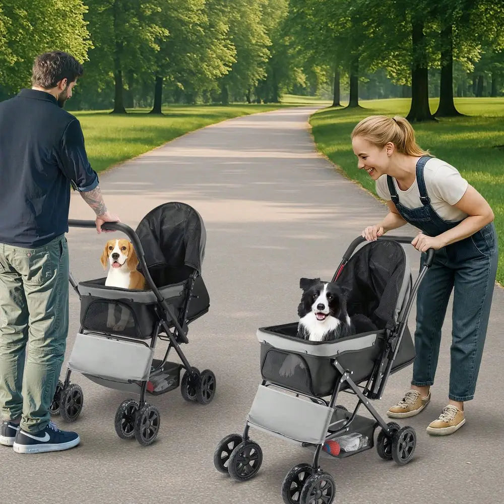 Foldable Dog Stroller Cart With Mesh Windows And Reversible Handle