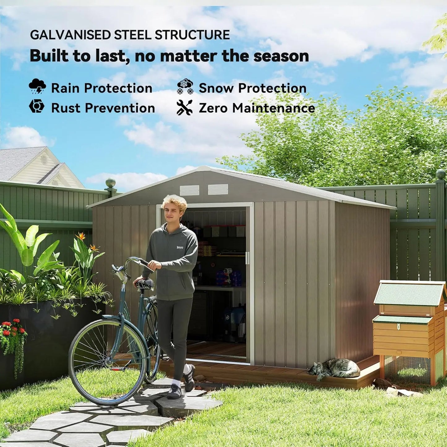 Metal Outdoor Storage Shed Sloping Roof With Double Lockable Doors